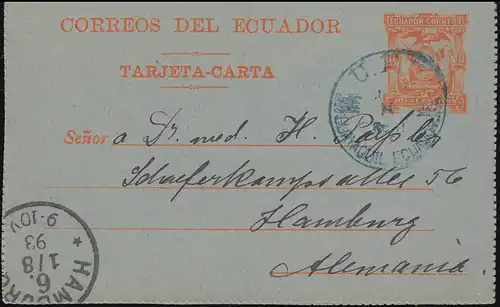 Équateur Carte 10 Centavos orange U.P.U. GUAYAQUIL selon HAMBURG 1.81893