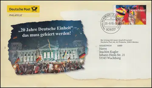 Lettre de plus F501 Révolution pacifique 20 ans Unité allemande WEIDEN 20.9.09