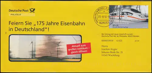 Lettre de plus F500 ICE 175 ans de chemin de fer en Allemagne, WEIDEN 23.8.2010