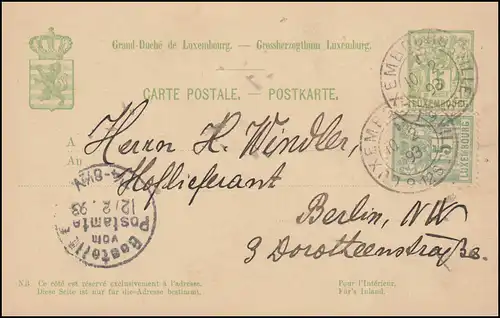 Luxemburg Postkarte P 49IIb aus LUXEMBOURG-VILLE 10.2.1893 nach BERLIN 12.2.93 