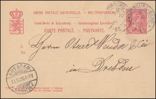 Luxemburg Postkarte P 54 aus LUXEMBOURG-GARE 17.10.1896 nach DRESDEN 19.10.96