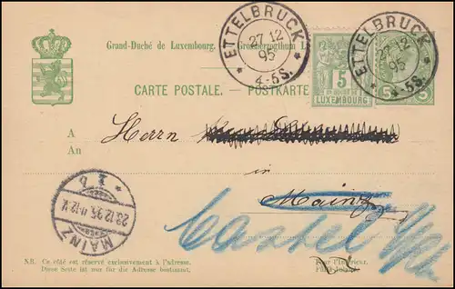 Luxemburg Postkarte P 53 aus ETTELBRUCK 27.12.1895 mach MAINZ 28.12.95