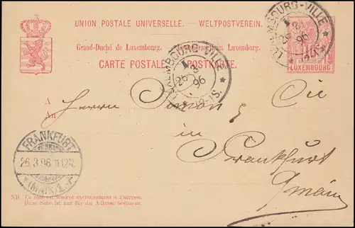 Luxemburg Postkarte P 50II aus LUXEMBOURG-VILLE 26.3.96 nach FRANKFURT/M. 26.3.