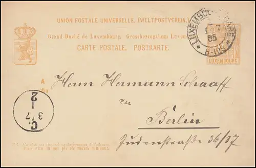 Luxemburg Postkarte P 44 aus LUXEMBOURG-GARE 1.7.1885 nach BERLIN 3.7.85