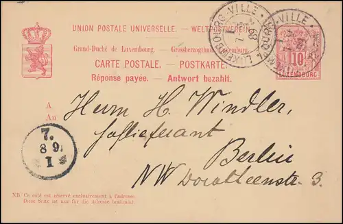 Luxemburg Postkarte P 52I Frageteil 10 C., LUXEMBOURG-VILLE 7.9.1889 