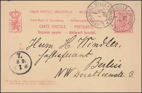 Luxemburg Postkarte P 52I Frageteil 10 C., LUXEMBOURG-VILLE 7.9.1889