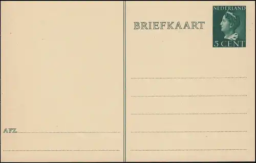 Carte postale P 230a Wilhelmina 5 centimes, 38 mm de long, non utilisé ** / MNH