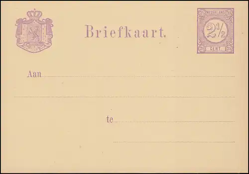Carte postale P 8aI chiffre 2 1/2 C. violet, lignes larges, non utilisées ** / MNH