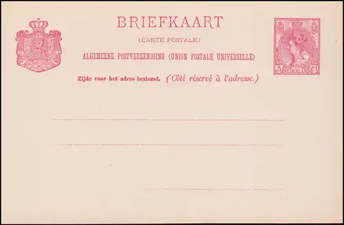 Carte postale P 24 Reine Wilhelmina 5 C. 1899, non utilisée ** / MNH