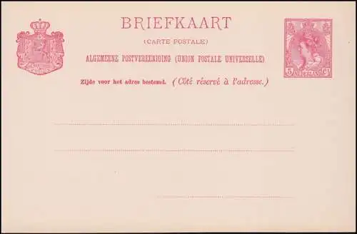 Carte postale P 24 Reine Wilhelmina 5 C. 1899, non utilisée ** / MNH