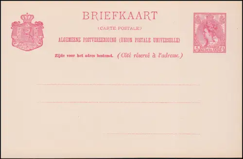 Carte postale P 24 Reine Wilhelmina 5 C. 1899, non utilisée ** / MNH
