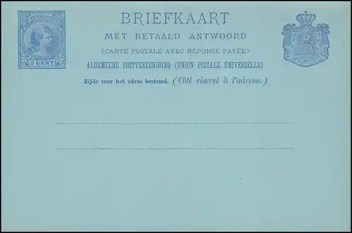 Carte postale P 21b Wilhelmina Carte double 5 C. ultramarin 1894, non utilisée **/MNH
