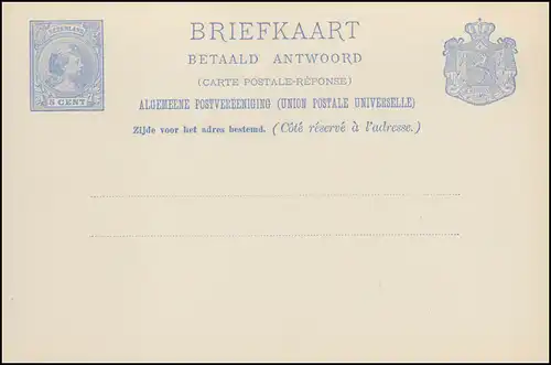 Carte postale P 21b Wilhelmina Carte double 5 C. ultramarin 1894, non utilisée **/MNH