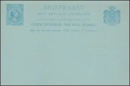 Postkarte P 21a Wilhelmina Doppelkarte 5 C. blau 1891, ungebraucht ** / MNH