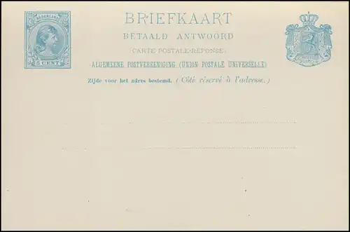 Carte postale P 21a Wilhelmina Carte double 5 C. bleu 1891, non utilisée ** / MNH