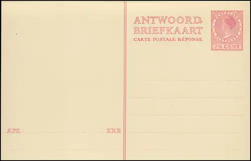 Carte postale P 198 Wilhelmina Carte double 7 1/2 centimes, non utilisée ** / MNH