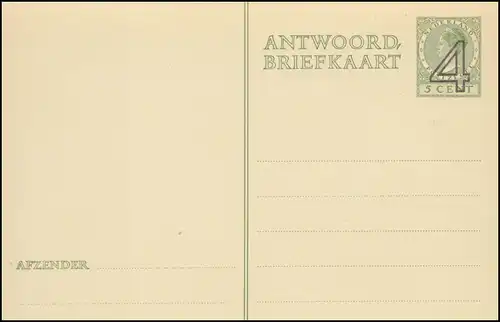 Carte postale P 209 Wilhelmina Carte double 4 à 5 cents vert, non utilisé ** / MNH