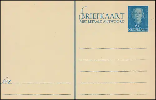 Postkarte P 252 Königin Juliane Doppelkarte 6 Cent, ungebraucht ** / MNH