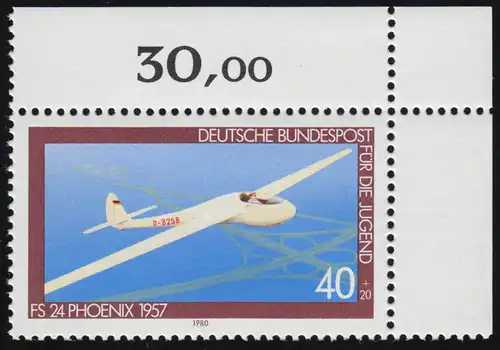 1040 Jeunesse Aéronautique 40+20 Pf ** Coin o.r.