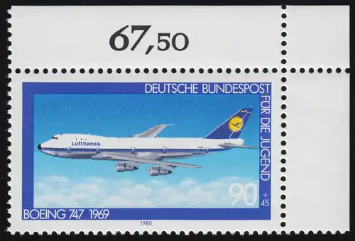 1043 Jugend Luftfahrt 90+45 Pf ** Ecke o.r.