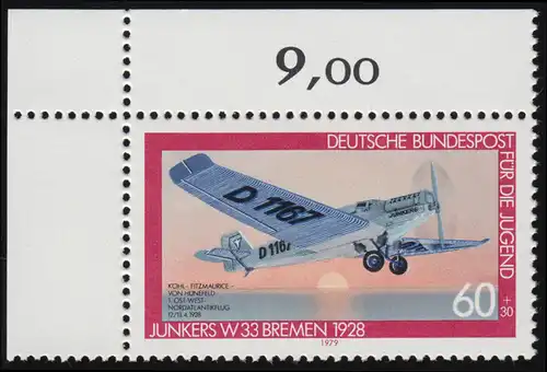 1007 Jugend Luftfahrt Junkers 60+30 Pf ** Ecke o.l.