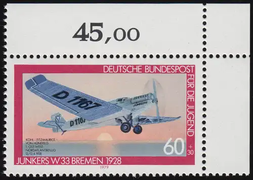 1007 Jugend Luftfahrt Junkers 60+30 Pf ** Ecke o.r.