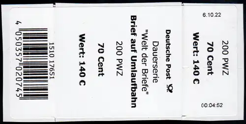 3670 Umlaufbahn 70 Cent - Banderole / Aufkleber 200er-Rolle, großes Z in PWZ