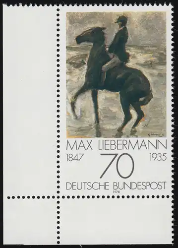 987II Impressionismus 70 Pf Liebermann ** Ecke u.l. mit PLF II Flecken am Bein