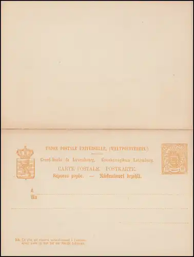 Luxemburg Postkarte P 34 Doppelkarte 10/10 C., ungebraucht **, Randvergilbung