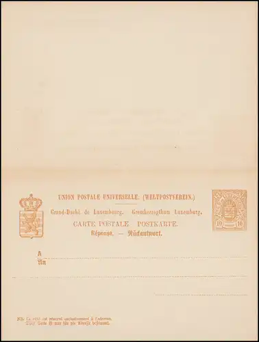 Luxembourg Carte postale P 34 Carte double 10/10 C., non utilisée **, jaunissement de marge