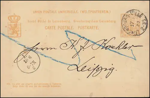 Luxemburg Postkarte P 44 aus LUXEMBOURG-VILLE 17.6.1883 nach LEIPZIG 18.6.83