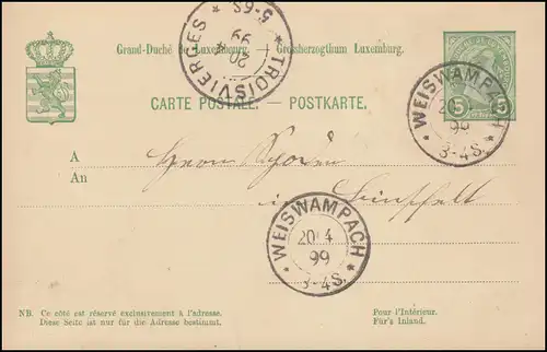 Luxemburg Postkarte P 53 aus WEISWAMPACH 20.4.1899 nach TROISVIERGES 20.4.99