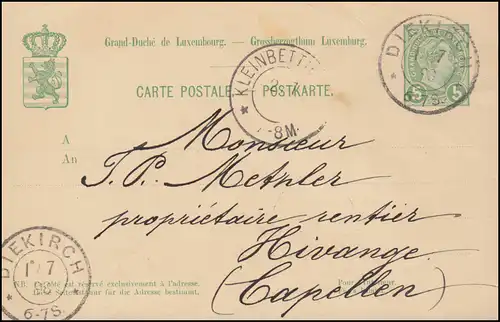 Luxembourg Carte postale P 53 du DIKIRCH 1.7.1898 par KLEINBETTINEN 2.7.98