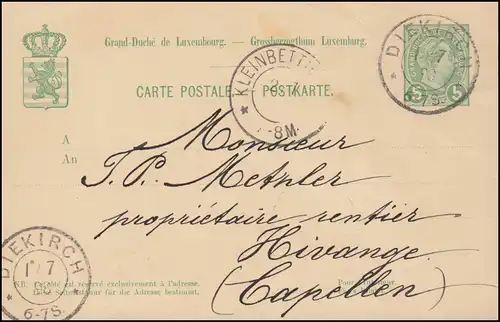 Luxemburg Postkarte P 53 aus DIEKIRCH 1.7.1898 nach KLEINBETTINGEN 2.7.98