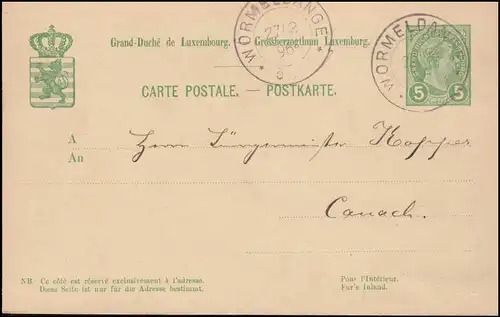 Luxemburg Postkarte P 53 aus WORMELDANGE 27.2.1896 nach Canach