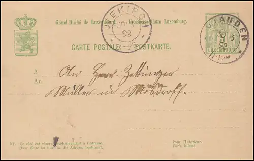 Luxembourg Carte postale P 49IIb de VIANDEN 30.3.1892 vers DIKIRCH 30.3.92