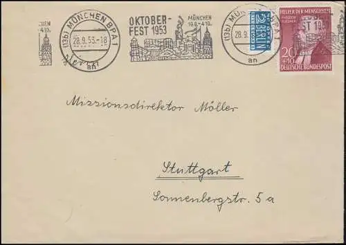 158II Aide à la méchanceté 20 Pf EF Lettre Publicité-O MUNICH OCTOBREFEST 28.9.1953