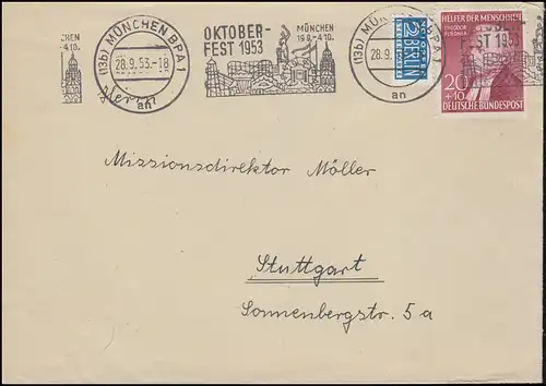 158II Helfer der Meschheit 20 Pf EF Brief Werbe-O MÜNCHEN OKTOBERFEST 28.9.1953