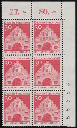 493 Bauwerke groß 30 Pf. ER-6er-Block oben rechts mit RZ und spitzen AZ oben, **