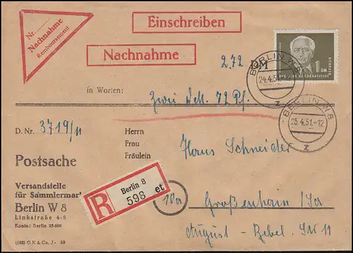 253 Pieck 1 DM mit 278 Frieden Viererblock rückseitig auf NN-R-Bf BERLIN 24.4.51