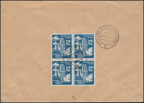 253 Pieck 1 DM mit 278 Frieden Viererblock rückseitig auf NN-R-Bf BERLIN 24.4.51