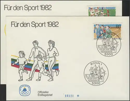 Sporthilfe 1127-1128 zwei offizielle FDCs 1982 - Volkslauf und Bogenschießen
