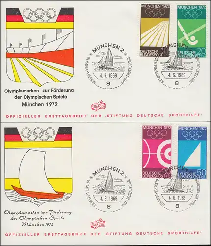 Aide sportive 587-590 Olympia 1969: ensemble sur 2 FDC officiel ESST MUNICH 4.6.69