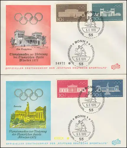 Sporthilfe 624-627 Olympia 1970: Satz auf 2 offiziellen FDC ESSt BONN 5.6.70