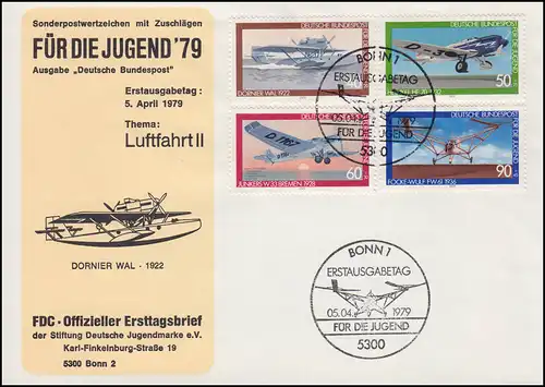 1005-1008 Jugend Luftfahrt 1979 - offizieller FDC ESSt BONN 5.4.1979