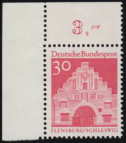 493 Bauwerke groß 30 Pf. als Ecke oben links: Stanzrest im Zähnungsloch, **