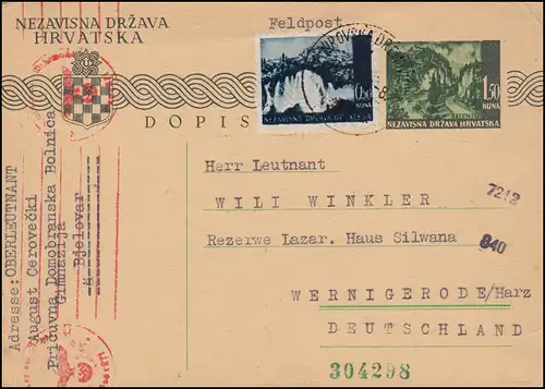Kroatien 1943: Zensur auf Postkarte P 3 mit Zusatzfrankatur Bjelovar 3.4.43