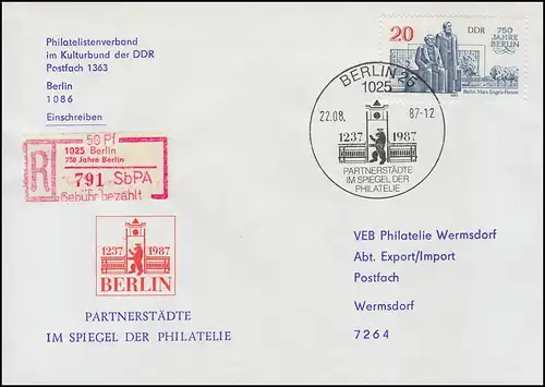 3 Einschreibemarke 1025: 750 Jahre Berlin R-Brief SSt BERLIN PARTNERSTÄDTE 1987