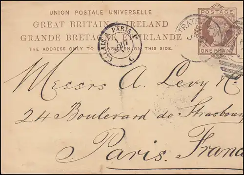 Großbritannien Postkarte P 16 DUP STRATFORD 13 - 31.7.1884 Transit-O nach PARIS