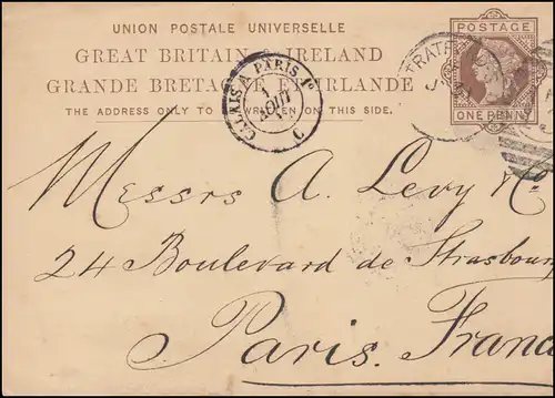 Royaume-Uni Carte postale P 16 DUP STRATFORD 13 - 31.7.1884 Transit-O vers PARIS